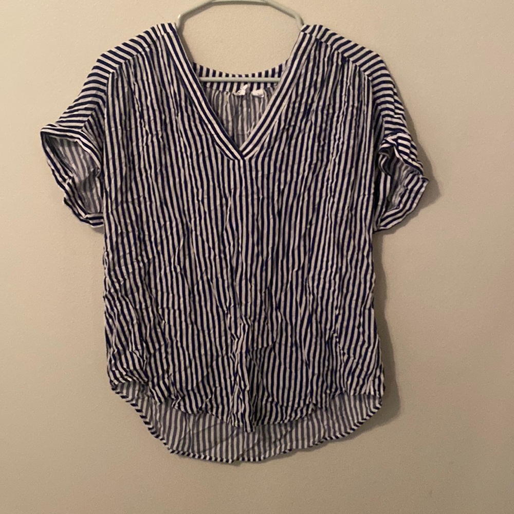 GAP White and Navy Striped V-Neck CapSleeve Top [Size: L]